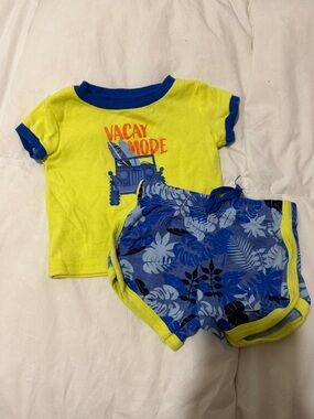 Kids 'Vacay Mode' Tee & Tropical Shorts Set - Neon Yellow & Blue